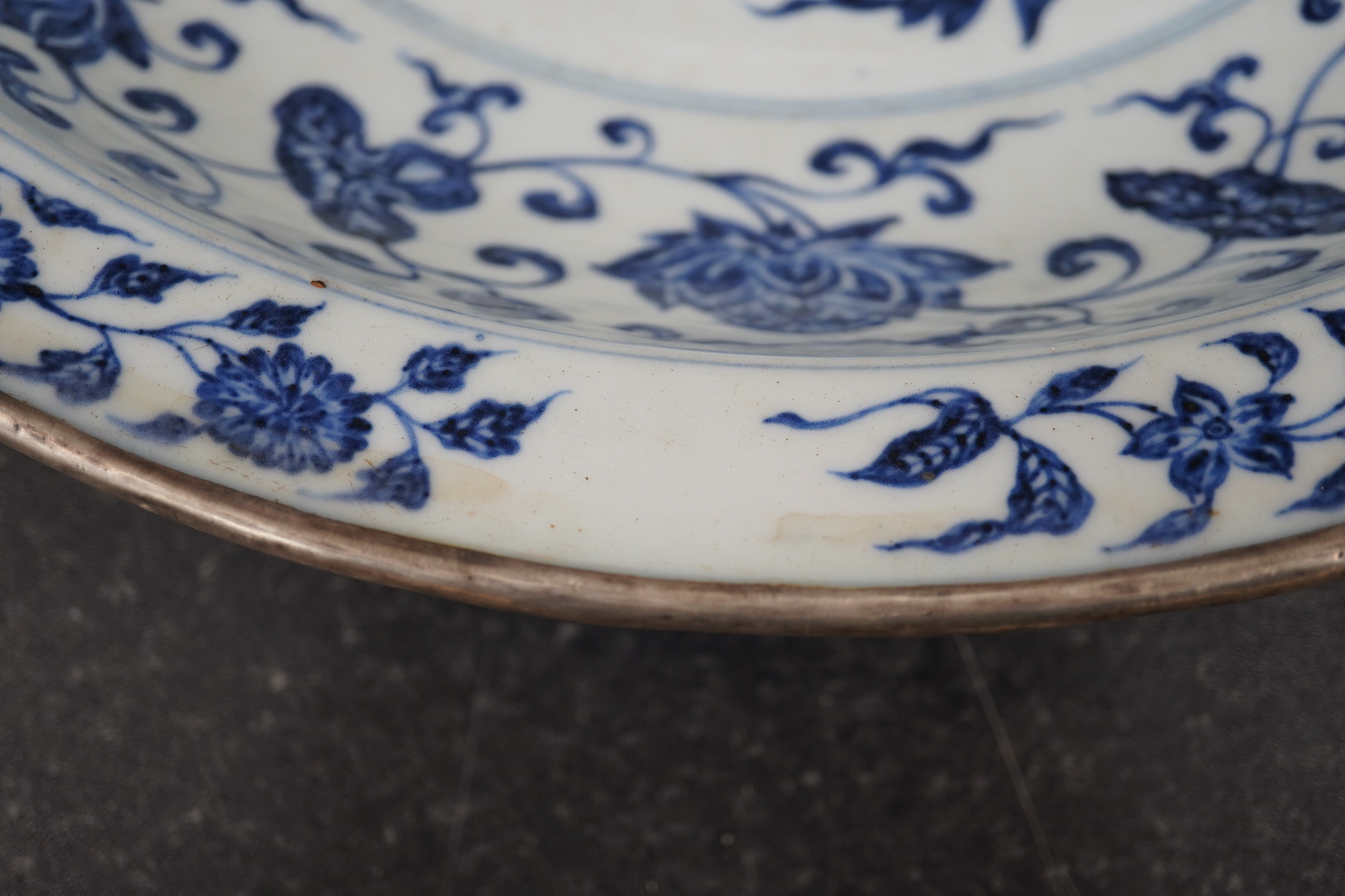 A large Chinese Ming style blue and white dish, possibly 18th century